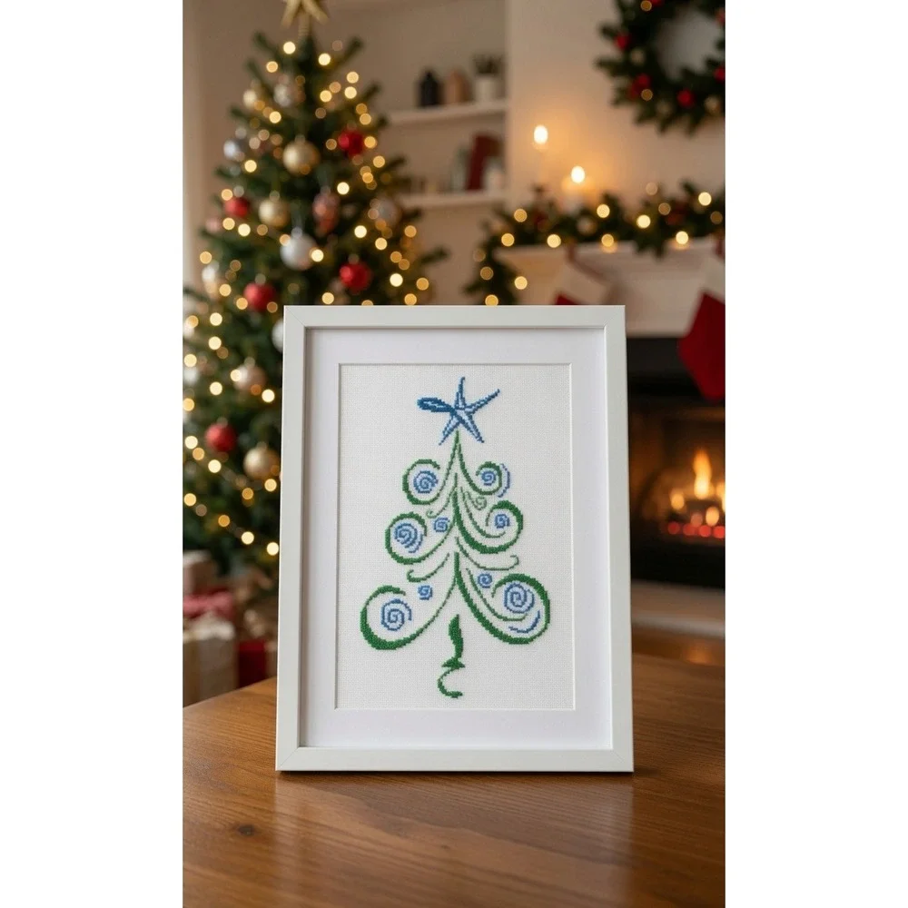 Whimsical Christmas Tree Modern Cross Stitch Pattern Green Blue Star